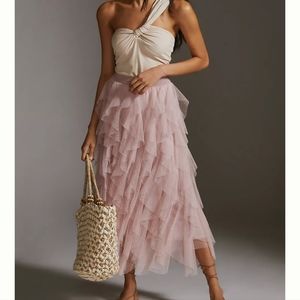 Anthropologie ruffled tulle midi skirt pink